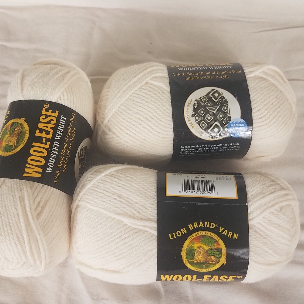 Lion Brand Wool-Ease Yarn 3 Skeins Fisherman White‎ NEW Worsted Wool Blend 99